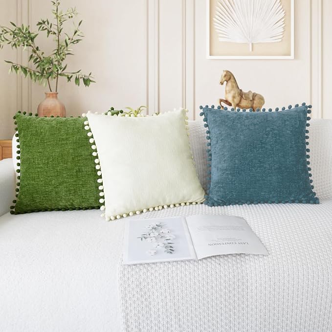 CaliTime Decorative Couch Throw Pillow Covers 20 X 12 Inches Cream | Pack of 2, Cozy Chenille Cushion Cases, with Pom Poms for Sofa Bed Living Room Farmhouse Home