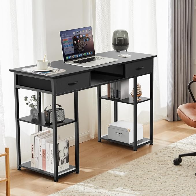 DUMOS 48-Inch Computer Desk with Drawers, Hook and Side Bag, Black | Home Office Desk for Bedroom, Gaming Writing Study Desk with Adjustable Feet