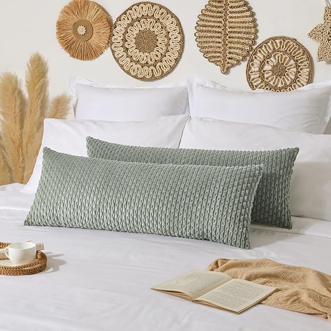 Kevin Textile Soft Corduroy 14"x36" Lumbar Pillow Cover 1 Pack, Grey Green | Boho Stripe Plush Corduroy Decorative Oblong Cushion Cover Modern Farmhouse Home Decor for Sofa Couch Bed Chair
