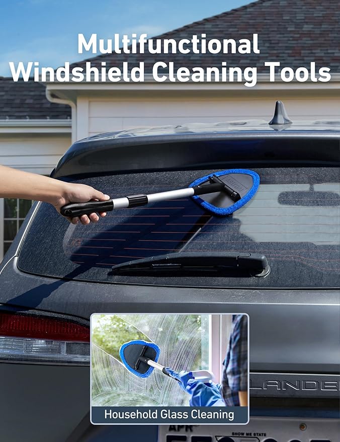 AstroAI 21" Extra-Long Windshield Cleaner Tool, Car Interior Detailing Cleaning Kit with Extendable Handle and 4 Upgraded Reusable Microfiber Pads, Auto Glass Wiper Brush Kit for Cars, Blue