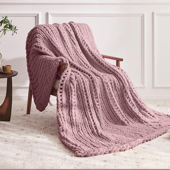 Negwoo Chunky Knit Throw Blanket, Knitted Throw Chenille Yarn, 60"*80" | Soft Thick Cable Knitted Blankets, Handmade Big Thick Blanket, Machine Washable Cute Comfy Blanket for Home Decor, Muted pink