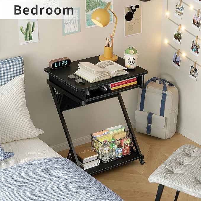 ALISENED Computer Desk for Small Spaces Compact Desk with Keyboard Tray | 23.6" Z-Shaped, with Wheels and Bottom Shelves, for Home Office, Computer Cart Mobile Laptop Cart, Black