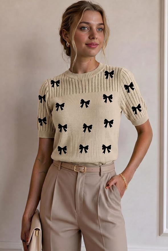 Zeagoo Women's Short Sleeve Sweater Tops 2026 Spring Summer Crew Neck Hollow Out Blouses Dressy Business Casual Outfits