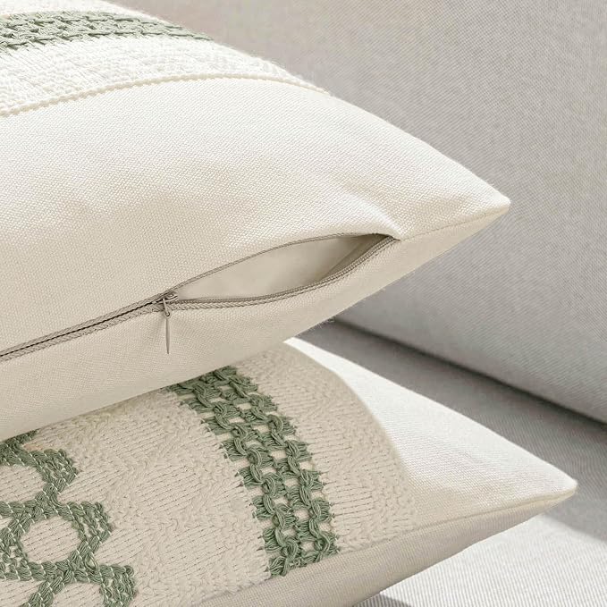 MIULEE Set of 2 Sage Green Boho Decorative Pillow Covers 22x22 Inch | Farmhouse Couch Throw Pillows, Modern Cotton Cushion Covers, Macrame Woven Spring Home Decor for Bed Sofa Chair