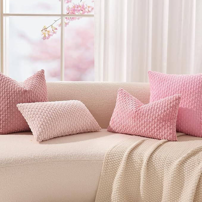 Kevin Textile Soft Corduroy 12"x24" Lumbar Pillow Cover 1 Pack, Dark Pink | Boho Stripe Plush Corduroy Decorative Oblong Cushion Cover Modern Farmhouse Home Decor for Sofa Couch Bed Chair