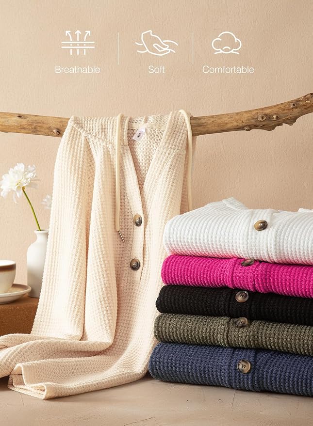 Dokotoo Hoodies for Women Waffle Knit Long Sleeve Drawstring Button V Neck Casual Sweatshirt Hooded Tops Fashion Clothing