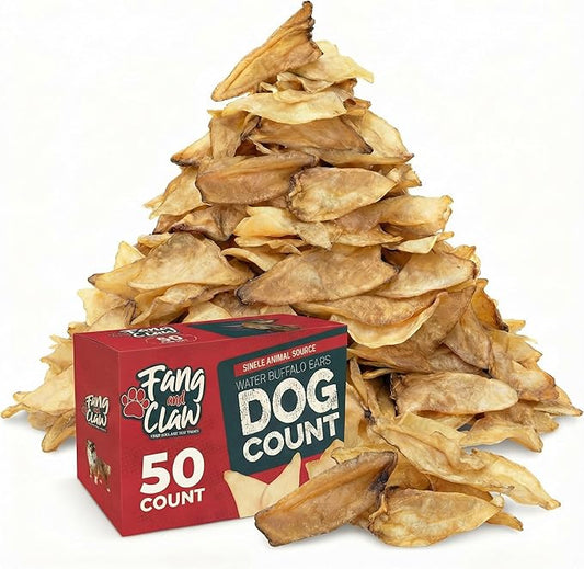 50 Count Water Buffalo Ears for Dogs – Bulk Natural Dog Chews, 100% Single-Ingredient, Long-Lasting Rawhide Alternative, Grain-Free, No Additives