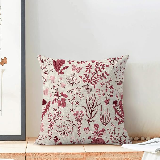 Christmas Pillow Covers 24x24 Inch Set of 2,Burgundy Red Wild Flower Plant Throw Pillows Case,Seasonal Floral Outdoor Decorative Square Linen Farmhouse Decor Cushion Covers for Home Sofa bed Couch