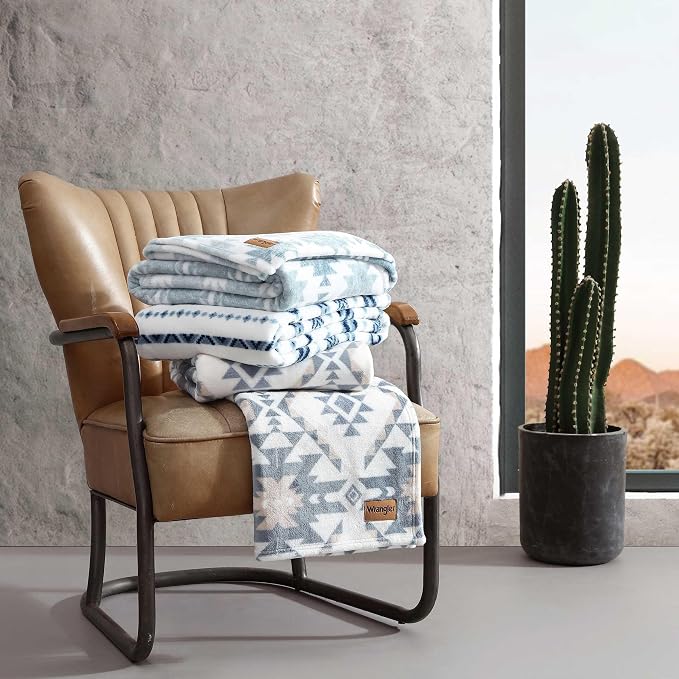 Wrangler - Blanket, Super Soft Sherpa Bedding, Yellowstone Inspired Throw Blanket for Couch or Bed (Canyon Ikat Blue, 50" x 60")