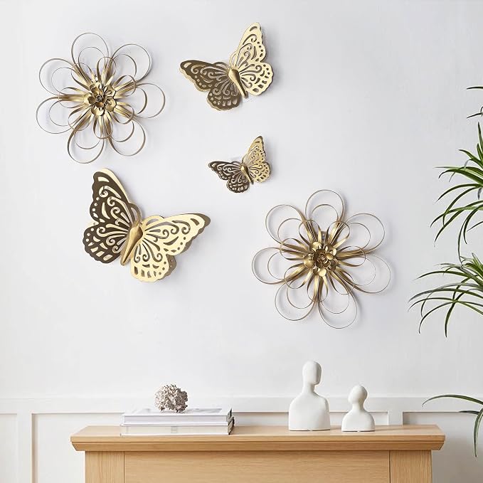 Remenna Gold Finish Metal Butterflies Wall Art Set of 3 Metal Wall Decor Butterfly Hanging Decor for Bedroom Bathroom Living Room Garden Kitchen