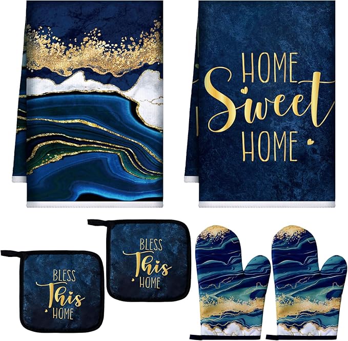 Bencailor 6 Pcs Marble Kitchen Decor Gold Pot Holders Oven Mitts 2 Dish Towels 2 Farmhouse Cooking Mittens Oven Glove and Potholder for Baking Cooking Grilling Supply Accessories(Blue)