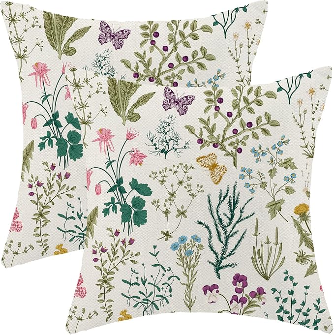 AEIOAE Spring Pillow Covers 18x18 Inch Set of 2,Sage Green Teal Wild Flower Plant Throw Pillows Case,Seasonal Floral Outdoor Decorative Linen Farmhouse Decor Cushion Covers for Home Sofa Bed Couch