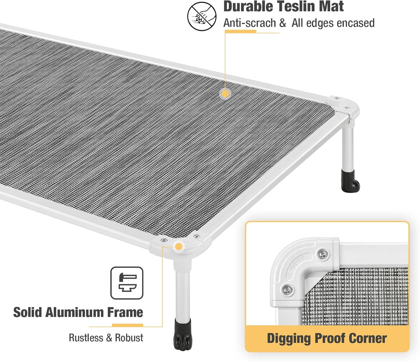 Veehoo Chew Proof Elevated Dog Bed - Cooling Raised Pet Cot - Silver Aluminum Frame and Durable Textilene Mesh Fabric, Unique Designed No-Slip Feet for Indoor or Outdoor Use, Black Silver, X Large