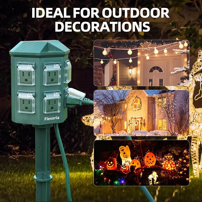Outdoor Power Strip Timer Waterproof, Dusk to Dawn Light Sensor Countdown, 50 Feet Extension Cord, 6 Grounded Outlets for Graden and Yard Decorations, ETL Listed