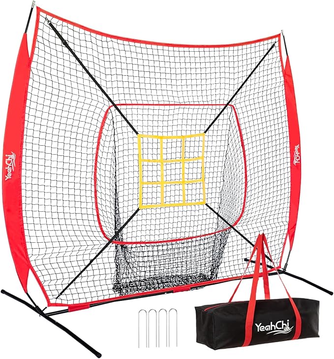 7×7FT Baseball net, Pitching net with Strike Zone Target, Baseball&Softball Practice net with Sturdy Bow Frame and Stable Base,Portable Practice net for All Ages and All Skilled Levels
