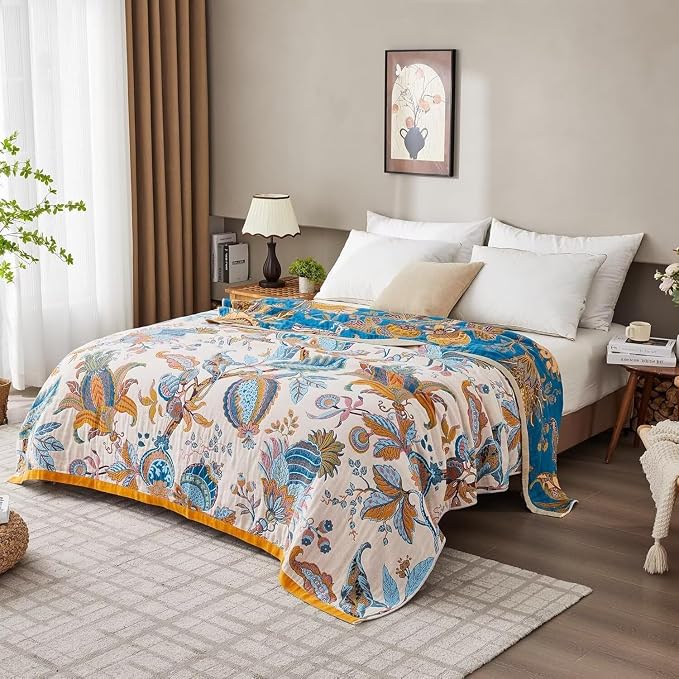 Boho Throw Blanket for Bed 100% Cotton Bohemian Blankets Ultra Soft Woven Muslin Decorative Blankets All Seasons Vintage Quilt Knitted Blanket for Sofa Chair(Beige, 60"x80")