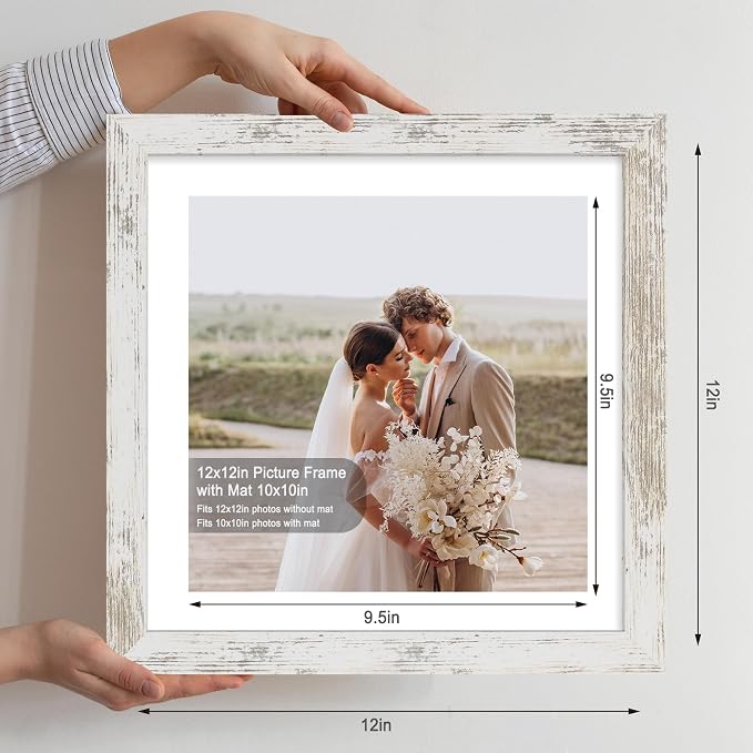 Hongkee 12x12 Picture Frame Set of 4, Made of Made of Glass and Multicolour Wooden Frame, 12 by 12 Photo for Wall or Tabletop - Display Picture 10x10 with Mat or 12x12 Without Mat