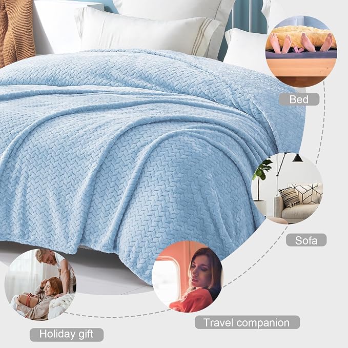 Exclusivo Mezcla Soft Fleece Bed Blanket Queen Size, 90”x90”, Light Blue | Cozy Fluffy Lightweight Blankets for Summer, Decorative Plush Flannel Throws for Living room, Bedroom with Leaves Pattern