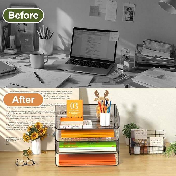 FANXIYQ 4-Tier Acrylic Paper Tray Organizer, Clear & Brown Paper Organizer | Stackable, Tool-Free Design with 2-4 Tiers for A4 Paper, Files, Books and Mail; Ideal for School, Home Office and Study Room