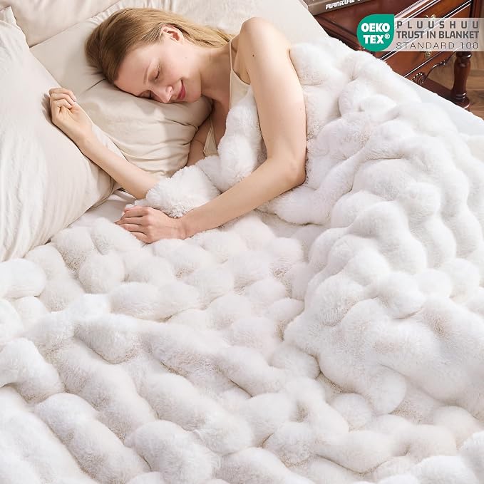 Faux Fur Throw Blanket for Couch, Fluffy Fuzzy Plush Bubble Blanket, Soft Warm Cozy Shaggy Rabbit Blanket, Luxury Decorative Gifts for Sofa Bedroom Living Room, 108x90inch (Beige)