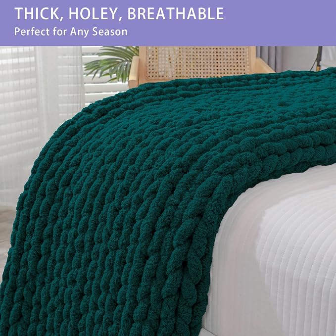 Bigacogo Chunky Knit Throw Blanket for Couch, 40x40 inches, Dark Green | Hand Knit with Jumbo Chenille, Soft Breathable Cable Knit for Sofa Bed Living Room, Machine Washable, Gift for Mom Friend
