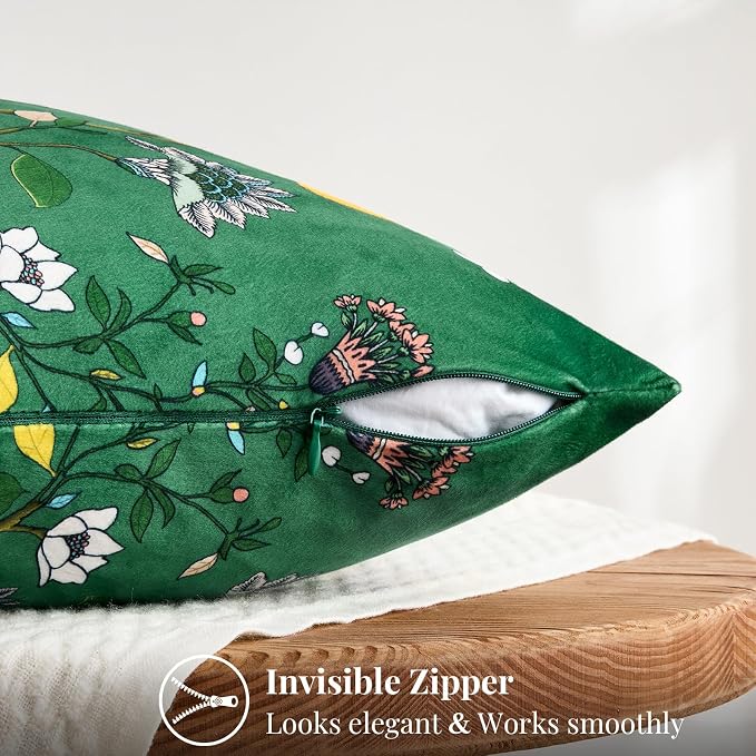 MUSSEL Green Floral Vintage Decorative Pillow Covers 18x18 Set of 2 | Soft Velvet,Wild Flower Plant,Throw Pillows Case,Square,Colorful Farmhouse Cushion Covers,Home Sofa Bed Couch Decor