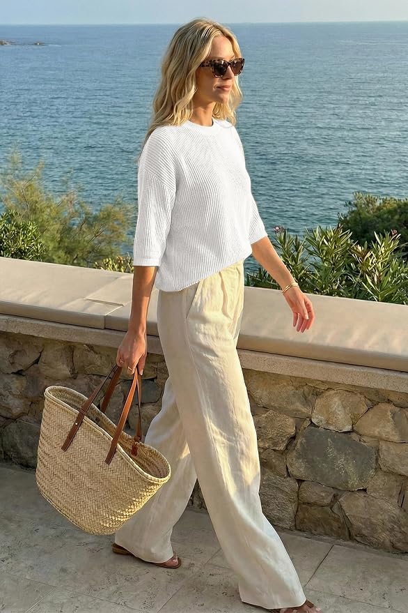 Arach&Cloz Womens Summer 100% Cotton Oversized Crochet Tops 3/4 Length Sleeve Sweater Hollow Out Casual Blouses 2026