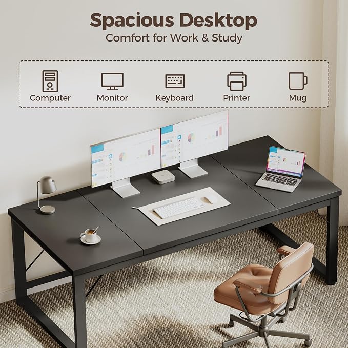 Mericonia 63x28 Inch Computer Desk, 1" Thick Large Office Table, Black | Modern Simple Style, Heavy Duty Industrial Frame, Large Study & Writing Table for Home Bedroom Work