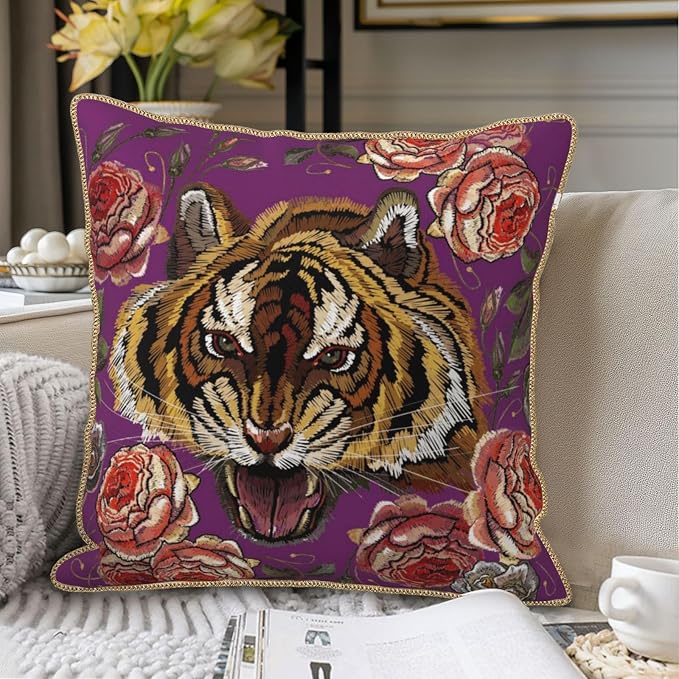 Tiger Flower Purple Velvet Pillow Covers 16x16 Inch Pink Floral Animal Throw Pillows for Couch Cushion Covers Pillowcase Farmhouse Modern Pillow Cases for Sofa Bed Living Room Bedroom