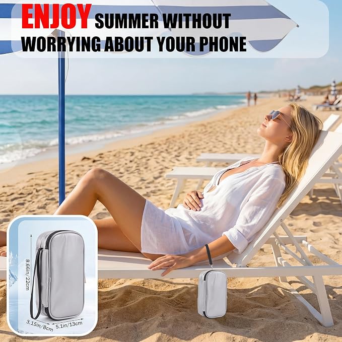 Phone Cooler Bag for Beach, Portable Phone Cooling Pouch with 2 Reusable Ice Packs, Keeps Cool in Extreme Heat for Car Pool Hiking, Extends Battery Life, Fits All Smartphones(Gray,PU)