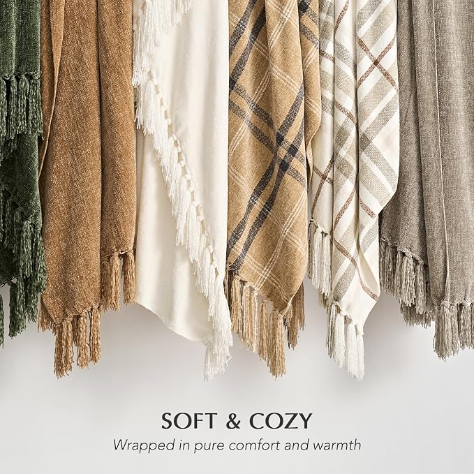 Plaid Chenille Knit Throw Blanket for Couch, 50"x60", Beige | Super Soft Knitted Throw with Tassels, Cozy, Decorative Farmhouse Plaid, Lightweight, Ideal for Bed Sofa Gift Home Decor