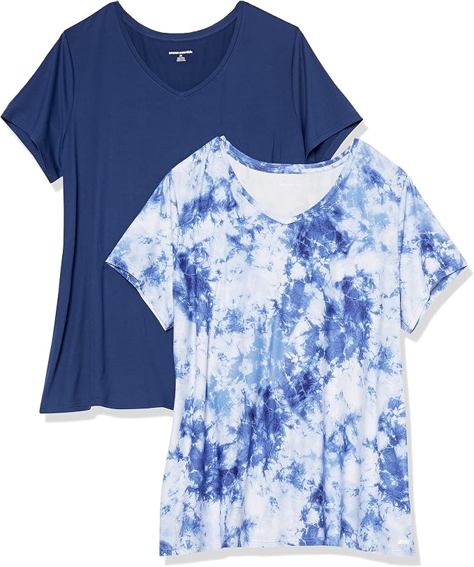 Amazon Essentials Women's Active Quick Dry Tech Stretch Short-Sleeve V-Neck T-Shirt (Available in Plus Size), Pack of 2