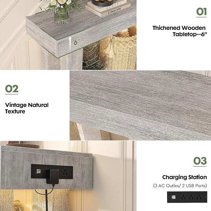 Unikito 47" Entryway Table with Socket and Sensor Light, Narrow Console Table with Storage Behind Couch, Farmhouse Entry Way Tables with Open Storage for Entrance/Hallway/Living Room, White Oak