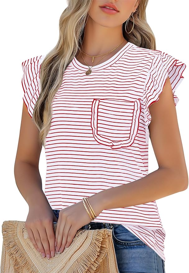 JUSTFASHIONNOW Womens Summer Tops Striped T-Shirts 2026 Ruffle Short Sleeve Crew Neck Casual Blouses with Pocket