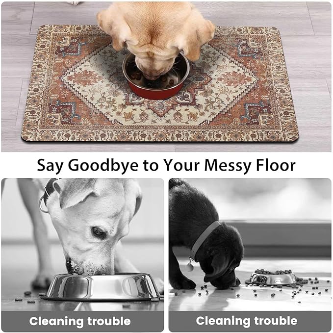 Dog Food Mats for Floors, Absorbent and Quick-Drying Pet Cat Food Mat,Anti-Fouling and Easy-to-Clean Pet Feeding Mat,Dog Bowl Mat for Messy Drinking Water Bowls.17 x27, Bohemia Style