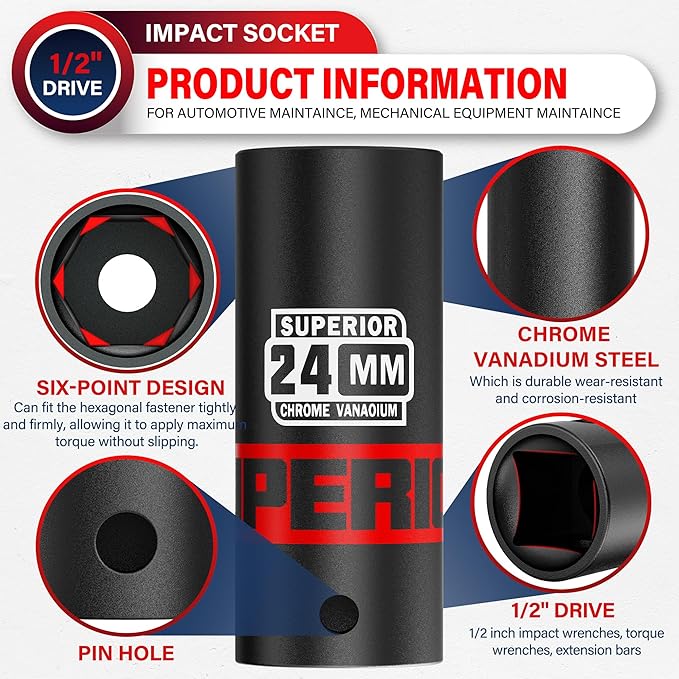 1/2" Drive Impact Socket, 24 mm Deep Socket, Metric, 6 Point, CR-V, for Automotive Maintaince, Mechanical Equipment Maintaince
