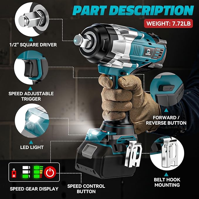Cordless Impact Wrench 1/2 inch for Makita Battery: 1700FT-LBS High Torque Impact Wrench Heavy Duty Tool - Brushless Electric Impact Gun Includes LED Work Light with 6 Sockets