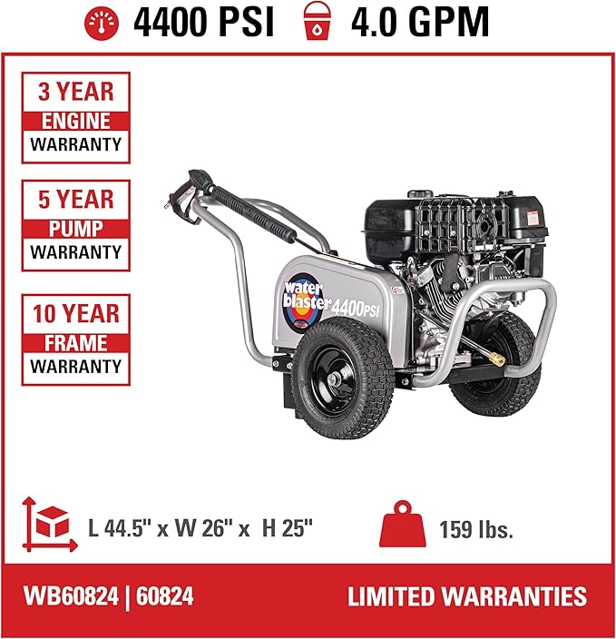 Simpson Cleaning 4400 PSI Gas Pressure Washer, 4.0 GPM Power Washer for Commercial Use, CRX Engine, 50-Foot Steel-Braided Hose, Water Blaster, 49-State (WB60824)