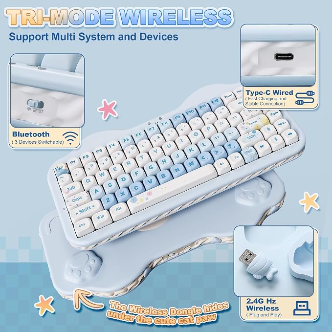 YUNZII C75 Cute 75% Wireless Mechanical Keyboard (Blue, Milk V2 Switch) | Creamy Cake Keyboard, BT5.0/2.4G/USB-C, Hot-Swap, NKRO, PBT MOA Keycaps,5500mAh RGB Gasket Mount for Mac/Win/Gaming/Office
