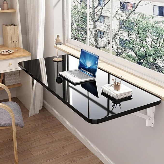 Wall Folding Table for Laundry Room,Floating Desk for Wall Small Spaces,Fold Down Table for Home Office Computer Workstation,Study Work Bench, Kitchen Dining (Black 35.4×19.7inch