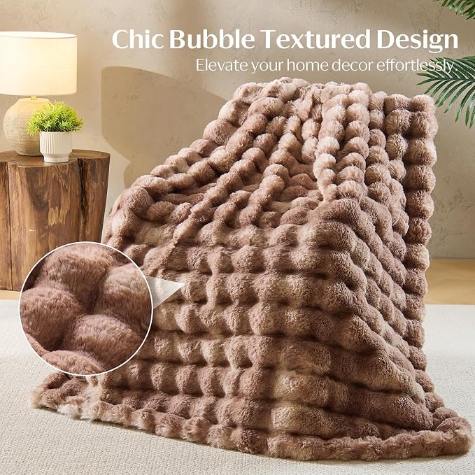 DOWNCOOL Faux Fur Throw Blanket for Couch, Soft Fluffy Fuzzy Plush Bubble Blanket for Sofa Bedroom Living Room, Cozy Warm Luxury Fleece Minky Blanket, 50x60 Inches Tie-dye Brown