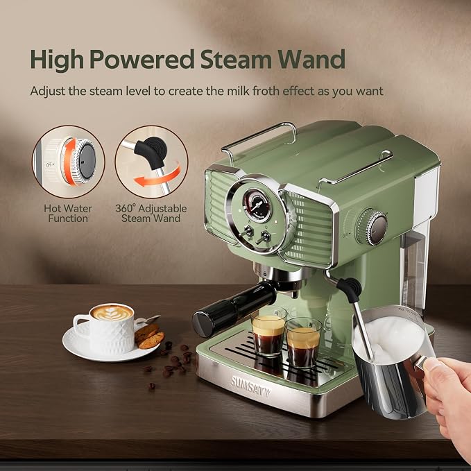 SUMSATY 20 Bar Espresso Machine Retro with Powerful Milk Frother, Green | Visual Pressure Gauge Espresso Coffee Machine 1350W Fast Heating Home Barista for Cappucino Latte Maker, 61oz Water Tank