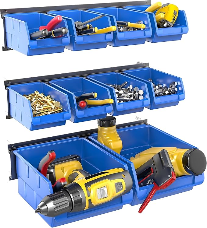 WALMANN Wall Mounted Storage Bins for Small Parts, 10 Bins with 3 Metal Rails, Plastic Wall Bins for Screws, Bolts, Nuts, Craft Room, Workshop, and Garage Storage Bins(Blue)