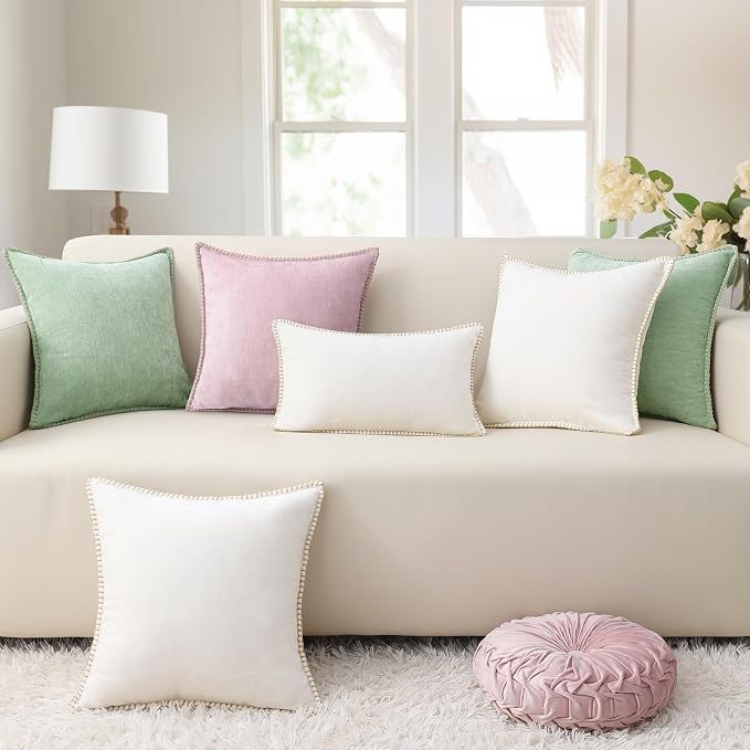 decorUhome Soft Chenille Throw Pillow Covers 16x16 Set of 2 Blush Pink | Fall Textured Decorative Throw Pillow Cases Stitched Edge Modern Farmhouse Luxury Boho Velvet for Couch Sofa Bed Home Decor