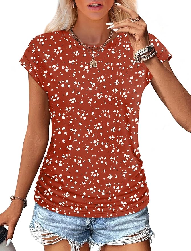 Sampeel Womens Summer Tops Trendy 2026 Ruched Cap Short Sleeve Tshirts Shirts Crew Neck T Shirts Fashion