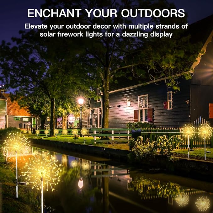 suddus Solar Garden Lights Outdoor Waterproof Decorative, 2Pack 150LED Firework Lights, Solar Fairy Lights for Yard, Garden, Party, Patio, Pathway, Flowerbed - Warm White