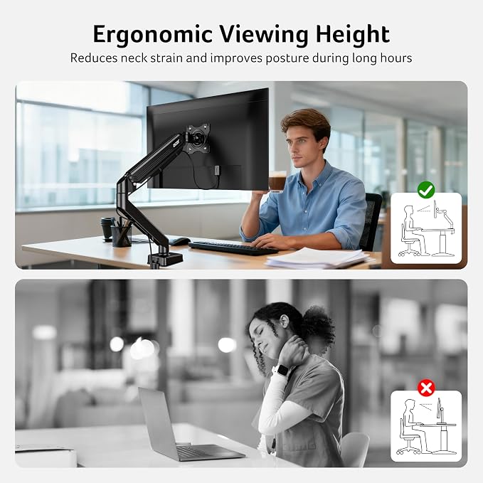 Acer Single Monitor Mount, Fully Adjustable Monitor Arm Fits 17 to 34 Inch Screens, Gas Spring VESA Mount with C-Clamp & Grommet Base, Computer Desk Arm with Tilt Swivel Rotate Supports 4.4-19.8 lbs