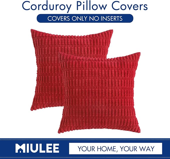 MIULEE Euro Sham Corduroy Decorative Throw Pillow Covers 24x24 Red Set of 2 | Soft Boho Striped Pillow Covers Modern Farmhouse Home Decor For Sofa Living Room Couch Bed
