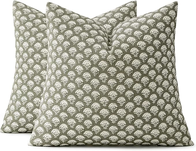 MIULEE Floral Print Decorative Euro Pillow Covers 24x24, Sage Green | Vintage Boho Farmhouse Modern Home Decor, Set of 2, Block Print Cushion Covers for Couch Sofa Bed Living Room