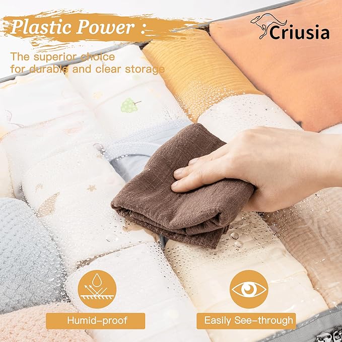 Criusia Under Bed Storage Bins with Clear PVC Lids – 2 Pack Large Underbed Organizers with Heavy-Duty Handles, Reinforced with 800G PP Panels & 80G Non-Woven Fabric – Waterproof & Foldable, Gery
